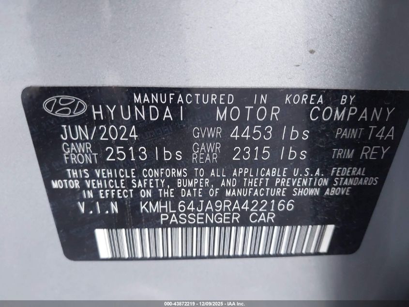 2024 Hyundai Sonata Sel VIN: KMHL64JA9RA422166 Lot: 43872219