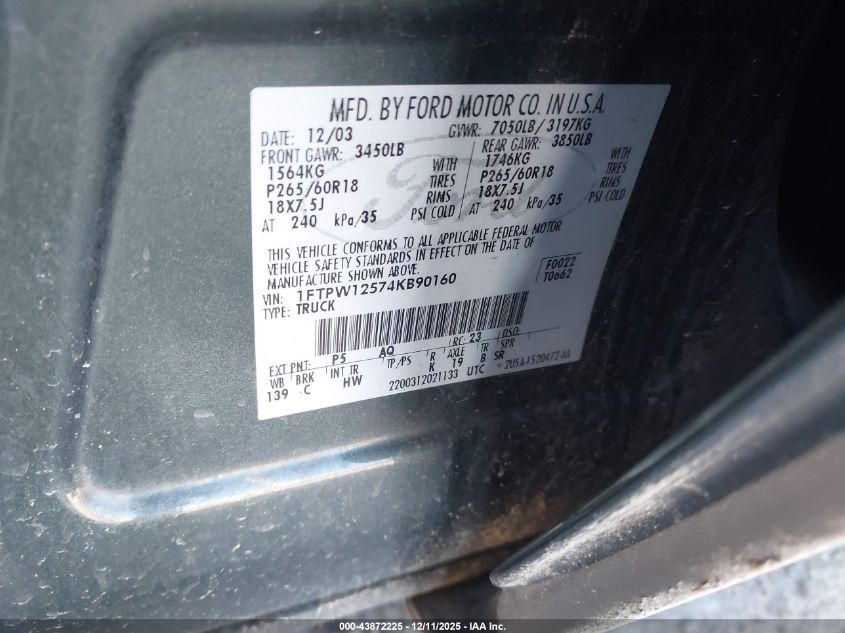 2004 Ford F-150 Lariat/Xlt VIN: 1FTPW12574KB90160 Lot: 43872225