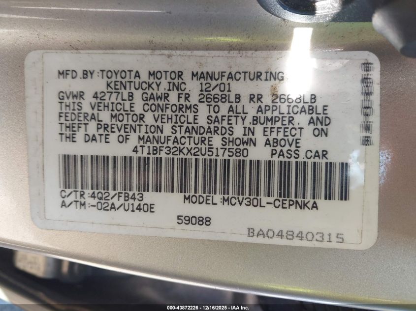 2002 Toyota Camry Le V6 VIN: 4T1BF32KX2U517580 Lot: 43872226