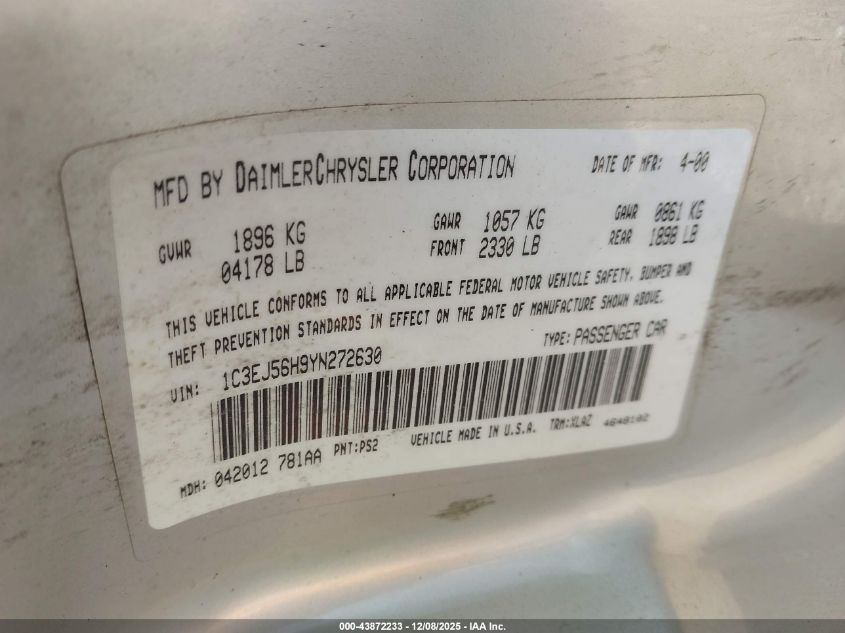 2000 Chrysler Cirrus Lxi VIN: 1C3EJ56H9YN272630 Lot: 43872233