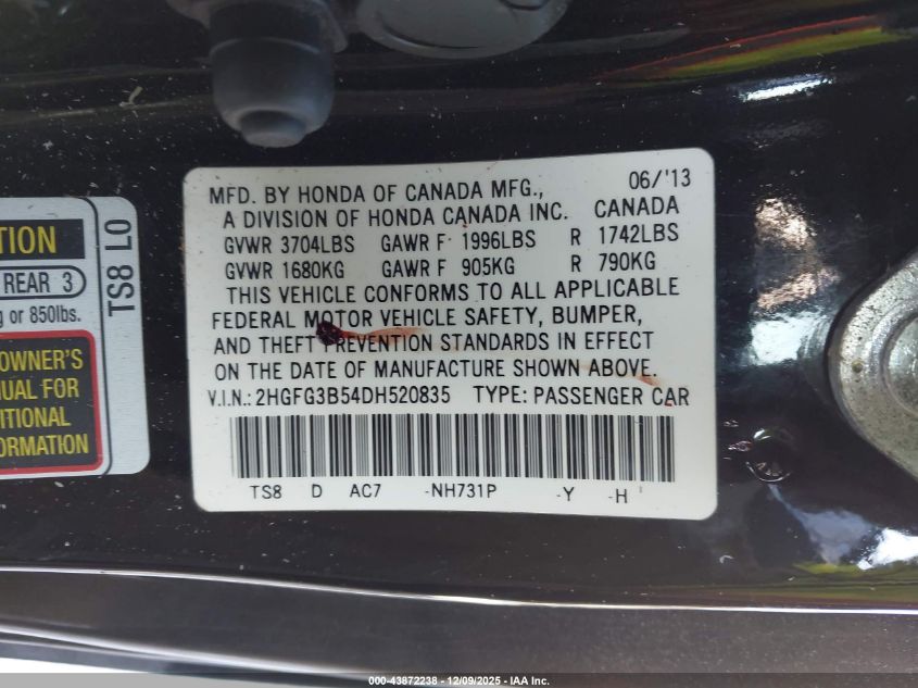 2013 Honda Civic Lx VIN: 2HGFG3B54DH520835 Lot: 43872238