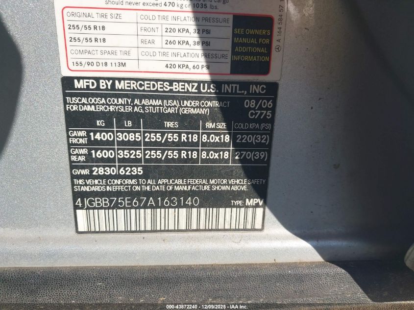 2007 Mercedes-Benz Ml 500 4Matic VIN: 4JGBB75E67A163140 Lot: 43872240