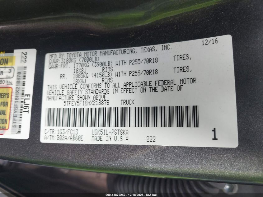 2017 Toyota Tundra Sr5 5.7L V8 VIN: 5TFEY5F18HX218878 Lot: 43872242