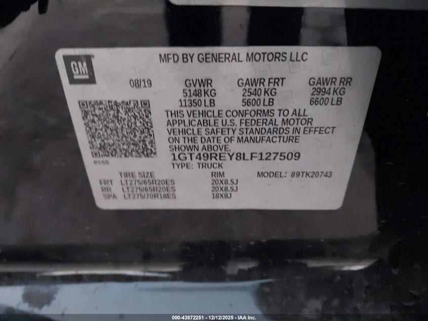 2020 GMC C2500 VIN: 1GT49REY8LF127509 Lot: 43872251