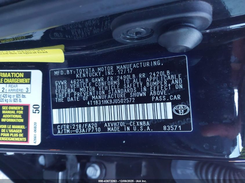 2018 Toyota Camry Hybrid Le VIN: 4T1B31HK9JU502572 Lot: 43872263