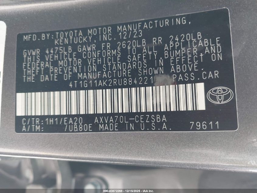 2024 Toyota Camry Se VIN: 4T1G11AK2RU884221 Lot: 43872268