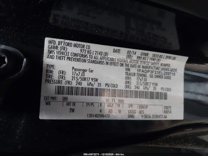 2014 Ford Focus Se VIN: 1FADP3F23EL259715 Lot: 43872273