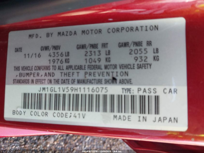 2017 Mazda Mazda6 Touring VIN: JM1GL1V59H1116075 Lot: 43872275