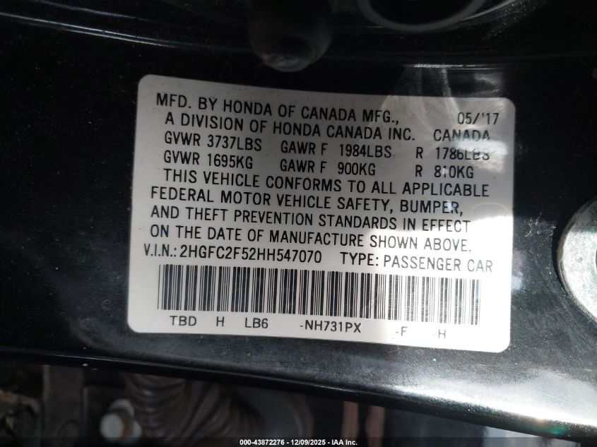 2017 Honda Civic Lx VIN: 2HGFC2F52HH547070 Lot: 43872276