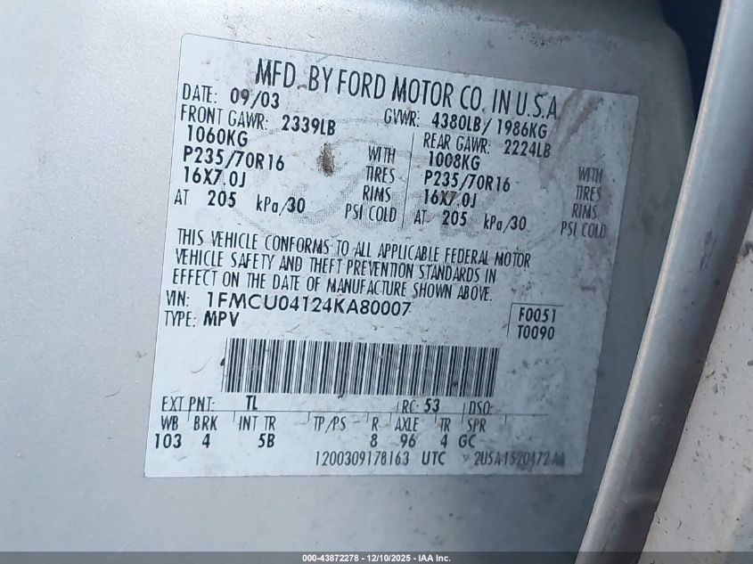 2004 Ford Escape Limited VIN: 1FMCU04124KA80007 Lot: 43872278