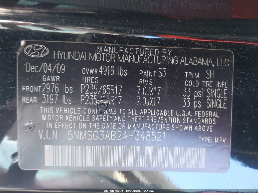 2010 Hyundai Santa Fe Gls VIN: 5NMSG3AB2AH348521 Lot: 43872282