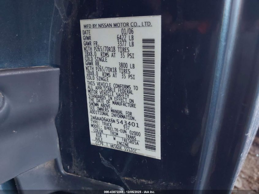 2006 Nissan Titan Se VIN: 1N6AA06AX6N543401 Lot: 43872285