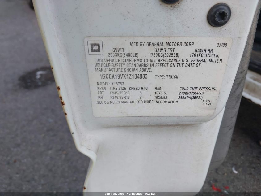 2001 Chevrolet Silverado 1500 VIN: 1GCEK19VX1Z104805 Lot: 43872296