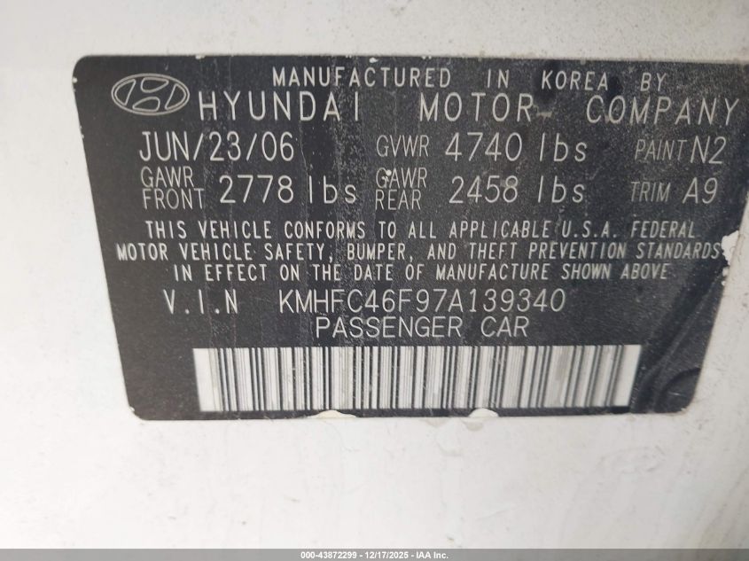 2007 Hyundai Azera Limited/Se VIN: KMHFC46F97A139340 Lot: 43872299
