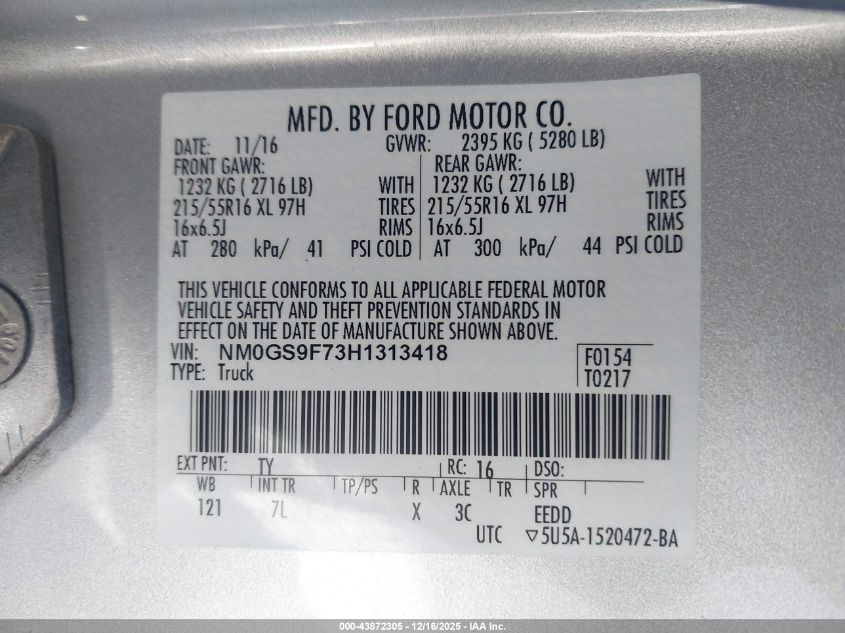 2017 Ford Transit Connect Xlt VIN: NM0GS9F73H1313418 Lot: 43872305