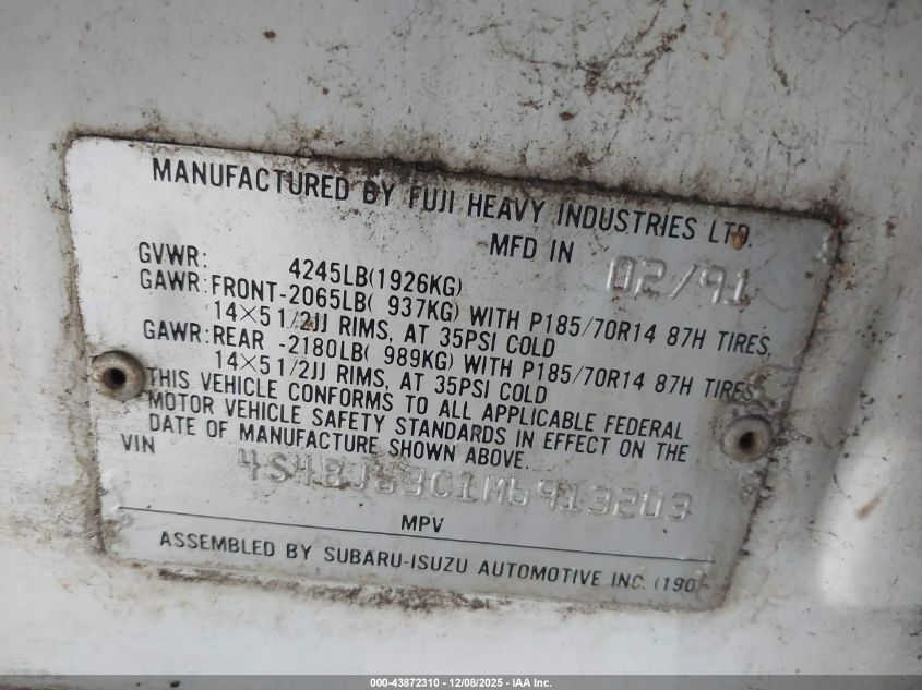 1991 Subaru Legacy L/Hx/Px/Rx VIN: 4S4BJ63C1M6913203 Lot: 43872310