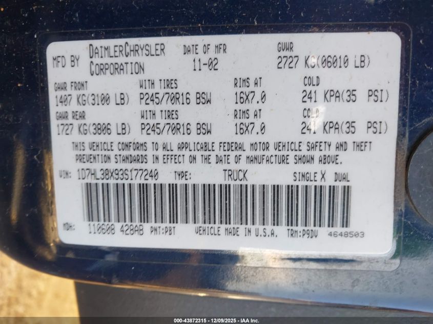 2003 Dodge Dakota Sport/Sxt VIN: 1D7HL38X93S177240 Lot: 43872315