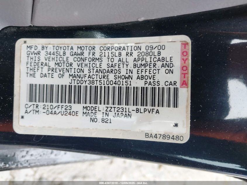 2001 Toyota Celica Gts VIN: JTDDY38T510040151 Lot: 43872318