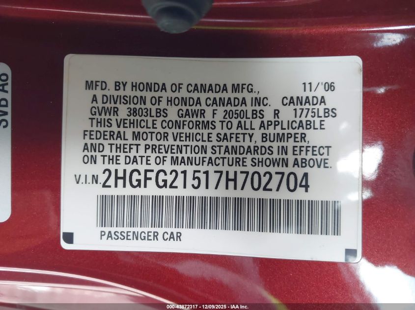 2007 Honda Civic Si VIN: 2HGFG21517H702704 Lot: 43872317