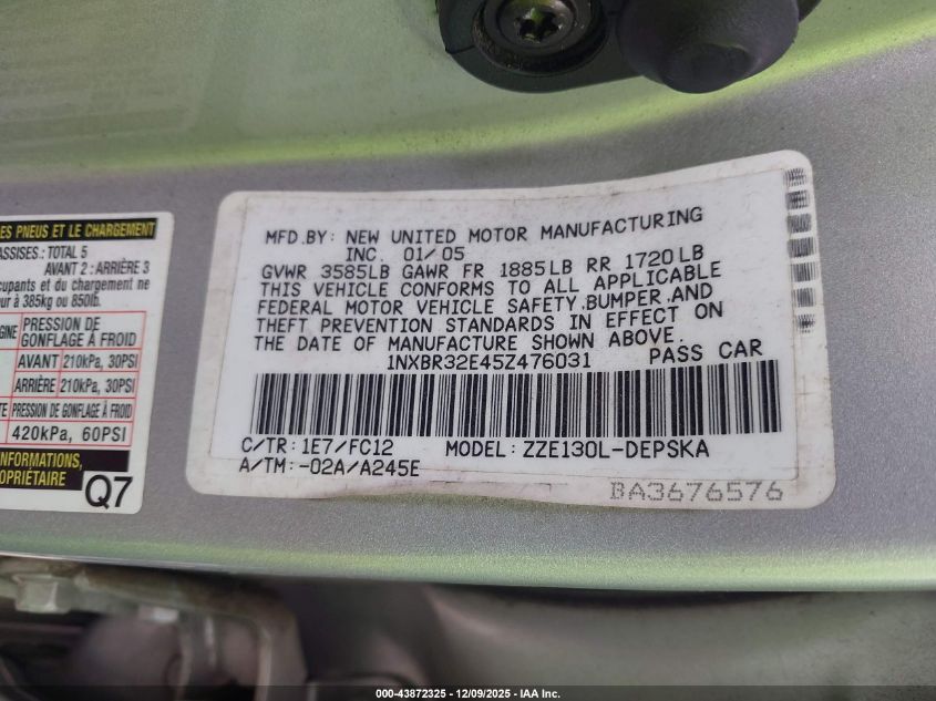 2005 Toyota Corolla S VIN: 1NXBR32E45Z476031 Lot: 43872325