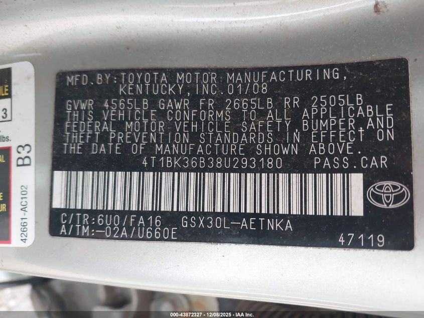 2008 Toyota Avalon Xl VIN: 4T1BK36B38U293180 Lot: 43872327