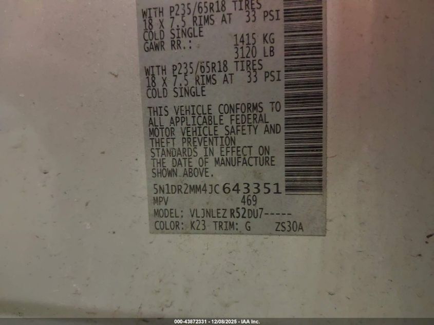 2018 Nissan Pathfinder Sv VIN: 5N1DR2MM4JC643351 Lot: 43872331