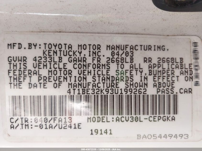 2003 Toyota Camry Xle VIN: 4T1BE32K93U199262 Lot: 43872335