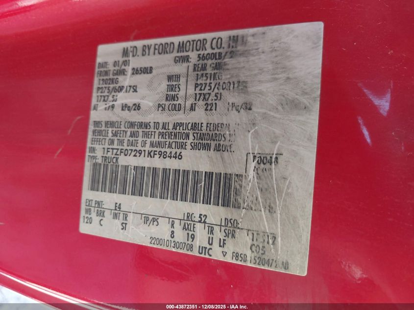 2001 Ford F-150 Xl/Xlt VIN: 1FTZF07291KF98446 Lot: 43872351