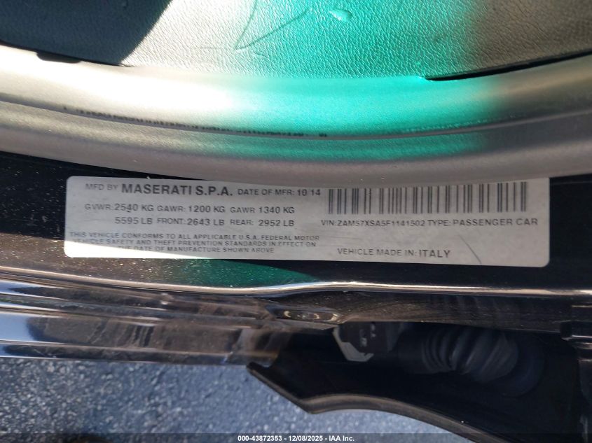 2015 Maserati Ghibli VIN: ZAM57XSA5F1141502 Lot: 43872353