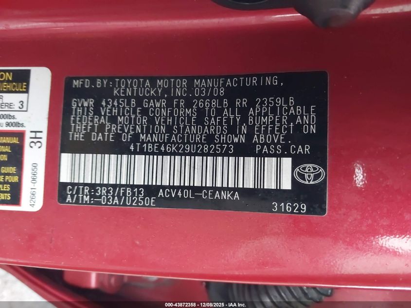 2009 Toyota Camry Le VIN: 4T1BE46K29U282573 Lot: 43872358