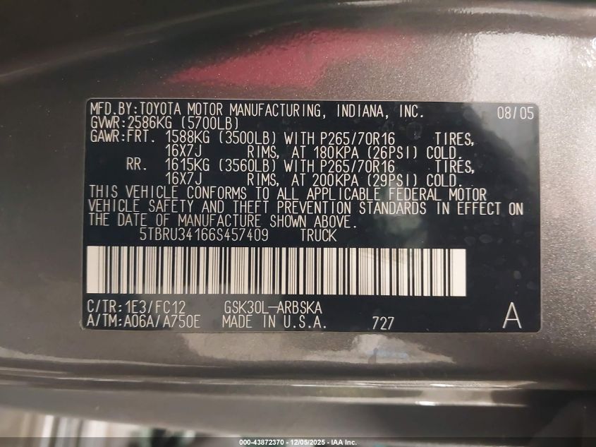 2006 Toyota Tundra Sr5 VIN: 5TBRU34166S457409 Lot: 43872370