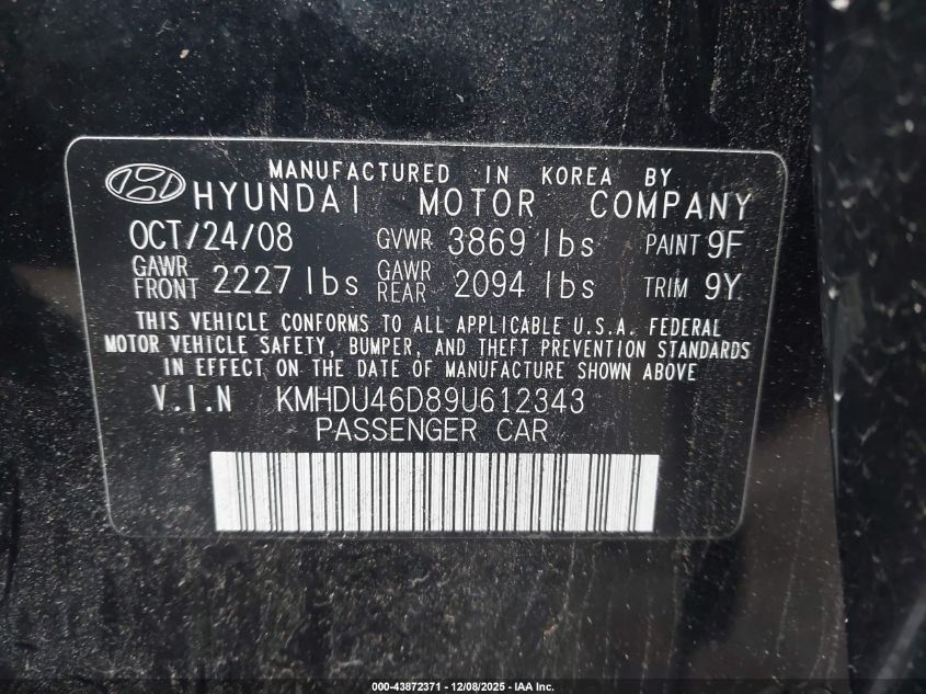 2009 Hyundai Elantra Se VIN: KMHDU46D89U612343 Lot: 43872371