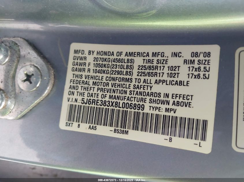 2008 Honda Cr-V Lx VIN: 5J6RE383X8L006899 Lot: 43872373