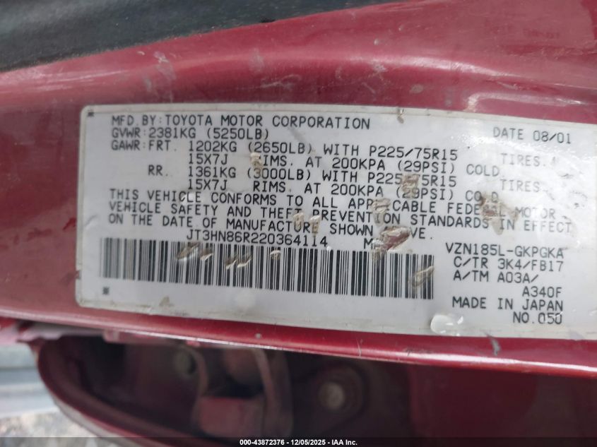 2002 Toyota 4Runner Sr5 V6 VIN: JT3HN86R220364114 Lot: 43872376