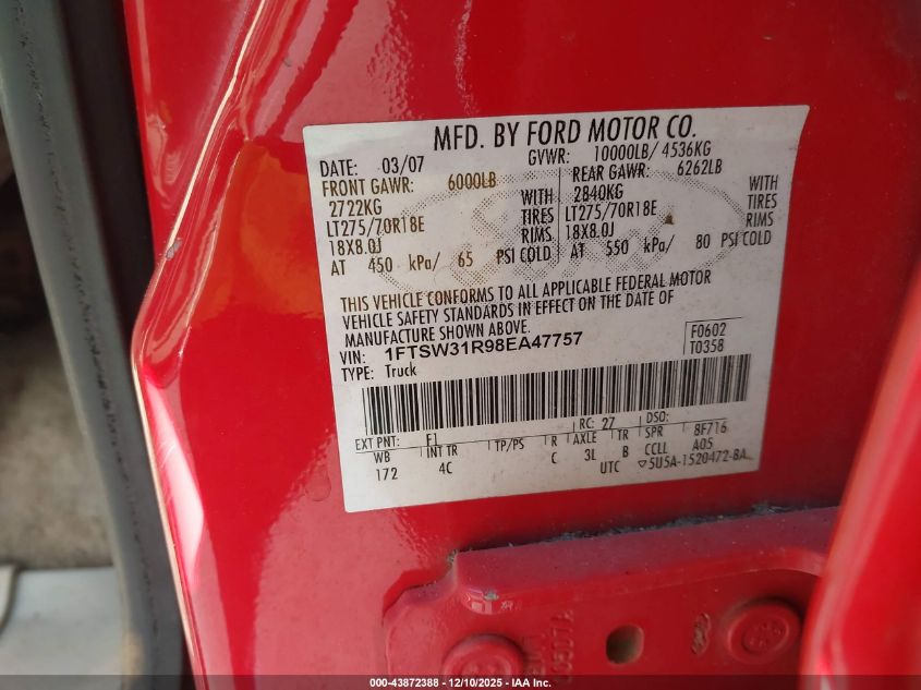 2008 Ford F-350 Fx4/Harley-Davidson/King Ranch/Lariat/Xl/Xlt VIN: 1FTSW31R98EA47757 Lot: 43872388