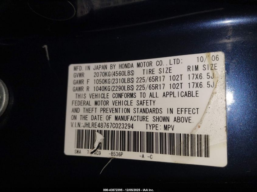 2007 Honda Cr-V Ex-L VIN: JHLRE48767C023294 Lot: 43872395