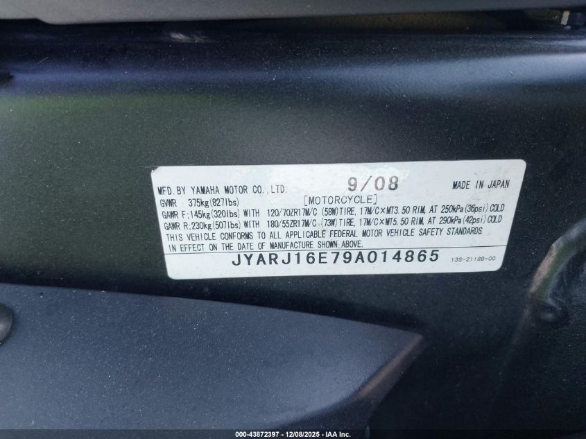 2009 Yamaha Yzfr6 VIN: JYARJ16E79A014865 Lot: 43872397