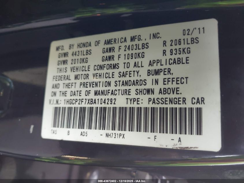 2011 Honda Accord 2.4 Ex VIN: 1HGCP2F7XBA104292 Lot: 43872402