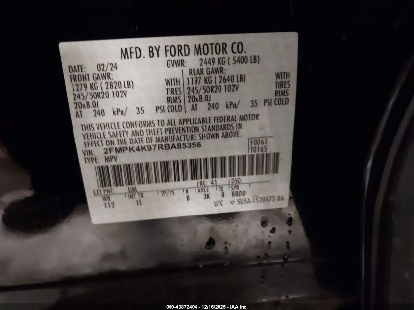 2024 Ford Edge Titanium VIN: 2FMPK4K97RBA85356 Lot: 43872404