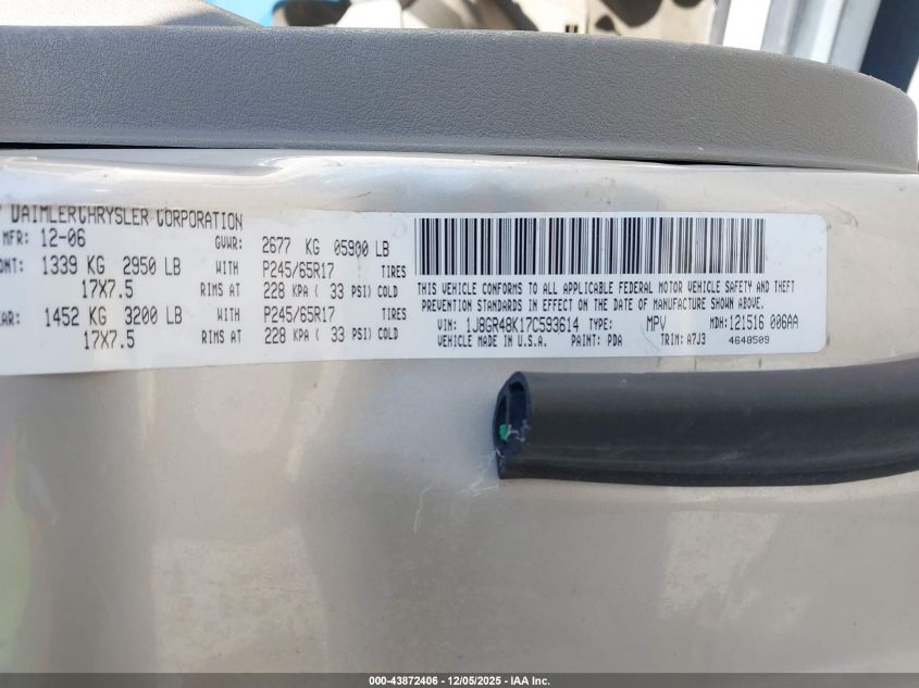 2007 Jeep Grand Cherokee Laredo VIN: 1J8GR48K17C593614 Lot: 43872406