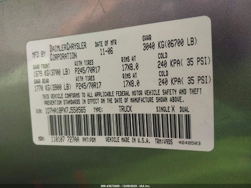 2007 Dodge Ram 1500 Slt VIN: 1D7HA18PX7J550565 Lot: 43872408