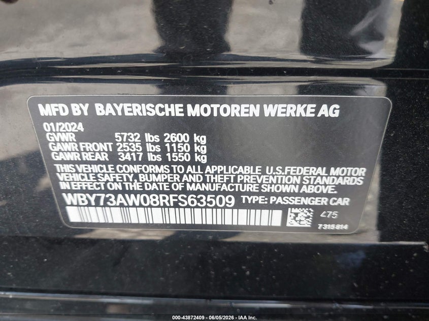 2024 BMW I4 Gran Coupe Edrive40 VIN: WBY73AW08RFS63509 Lot: 43872409