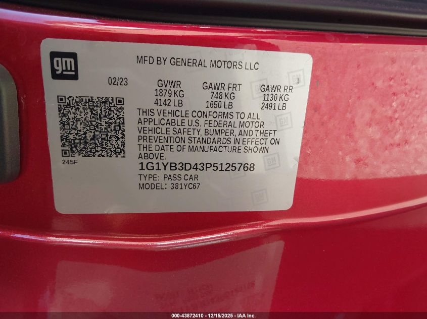 2023 Chevrolet Corvette Stingray Rwd 2Lt VIN: 1G1YB3D43P5125768 Lot: 43872410