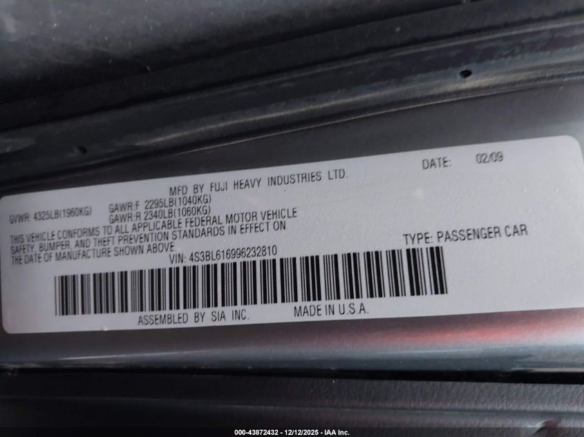 2009 Subaru Legacy 2.5I VIN: 4S3BL616996232810 Lot: 43872432
