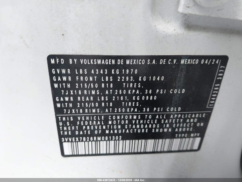2024 Volkswagen Taos 1.5T Se VIN: 3VVEX7B26RM081302 Lot: 43872433