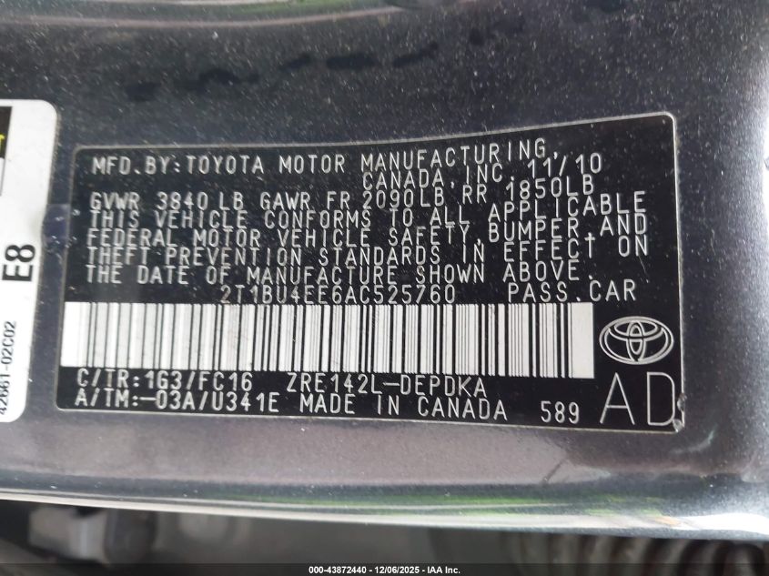 2010 Toyota Corolla Le VIN: 2T1BU4EE6AC525760 Lot: 43872440