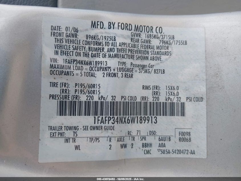 2006 Ford Focus Zx4 VIN: 1FAFP34NX6W189913 Lot: 43872452