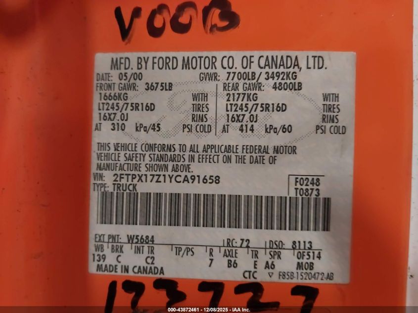 2000 Ford F-150 Lariat/Work Series/Xl/Xlt VIN: 2FTPX17Z1YCA91658 Lot: 43872461