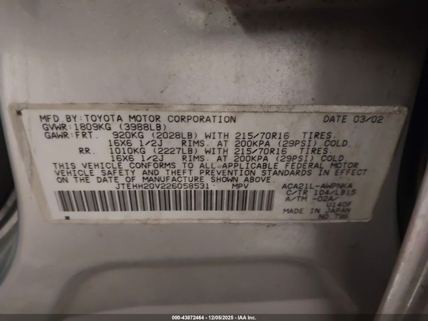 2002 Toyota Rav4 VIN: JTEHH20V226058531 Lot: 43872464