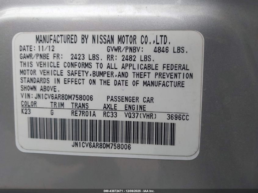 2013 Infiniti G37X VIN: JN1CV6AR8DM758006 Lot: 43872471